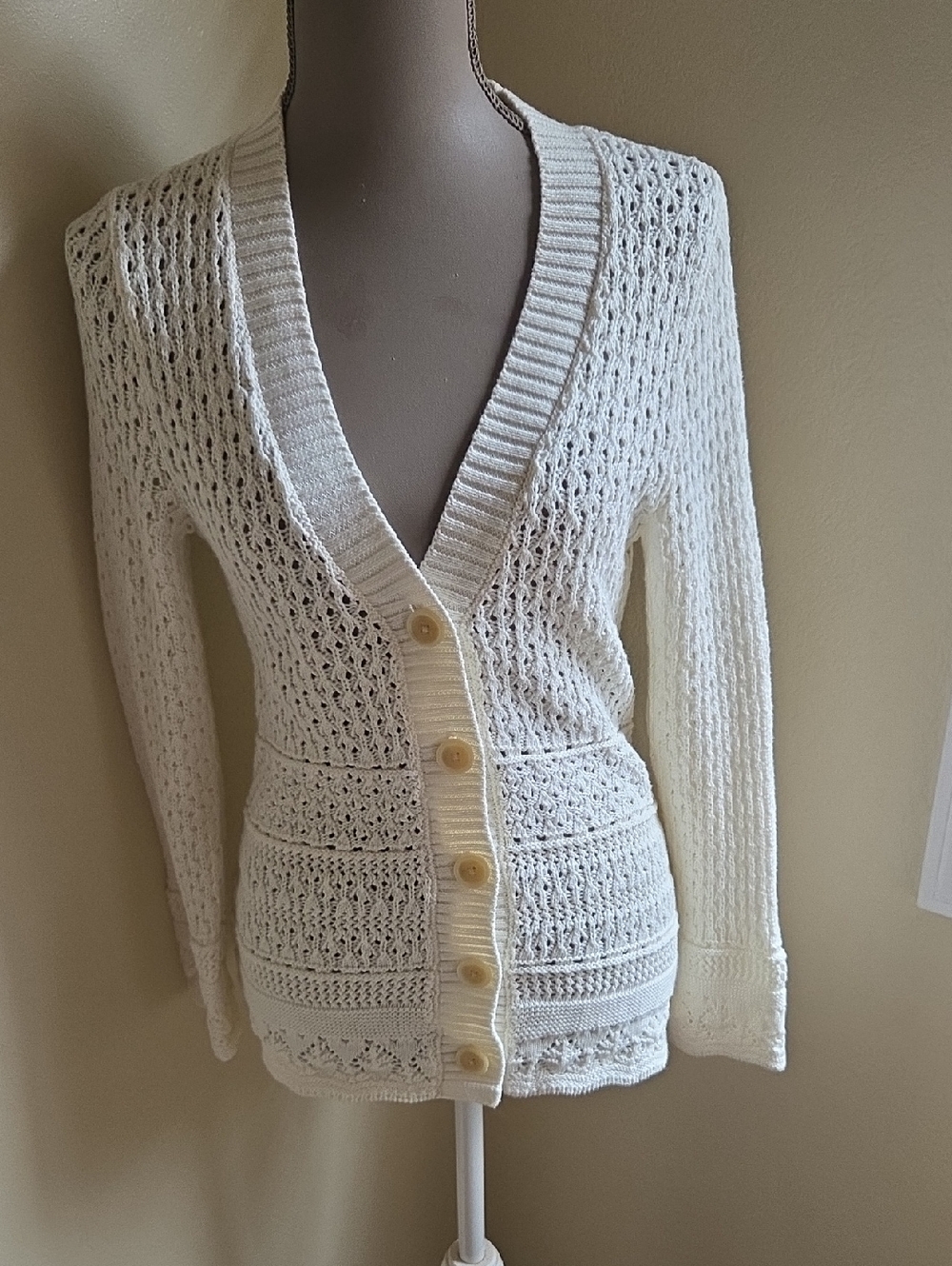 Eddie Bauer Cream Open Knit Button-Front Cardigan